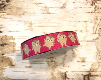 7/8" Hedgehog with iridescent glitter on azalea USDR grosgrain ribbon