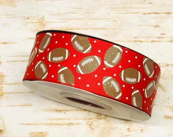 1.5" Footballs with iridescent glitter on Red USDR grosgrain ribbon