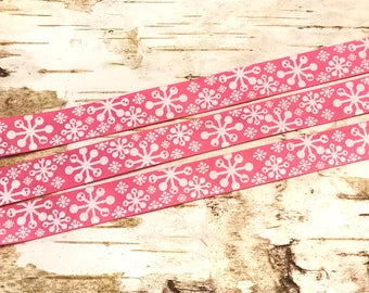 7/8" White glitter snowflakes on hot pink USDR grosgrain ribbon