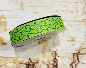 7/8" Green Glitter Doodles on Apple Green USDR grosgrain ribbon