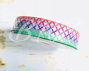 7/8" Silver Foil Mermaid Scales on Ariel Ombre USDR grosgrain ribbon