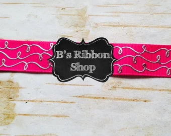 7/8" Azalea with Silver Foil Doodles Us Designer grosgrain ribbon 5 yds