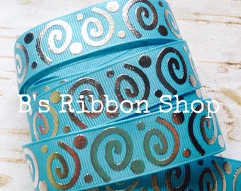 7/8" Turquoise with Silver Foil Wonky Swirls US Designer grosgrain ribbon