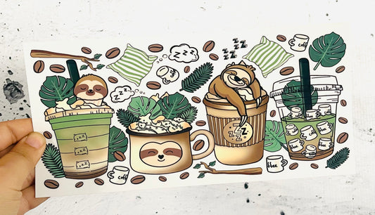 Sloth Coffee UV DTF transfer for 16oz glass