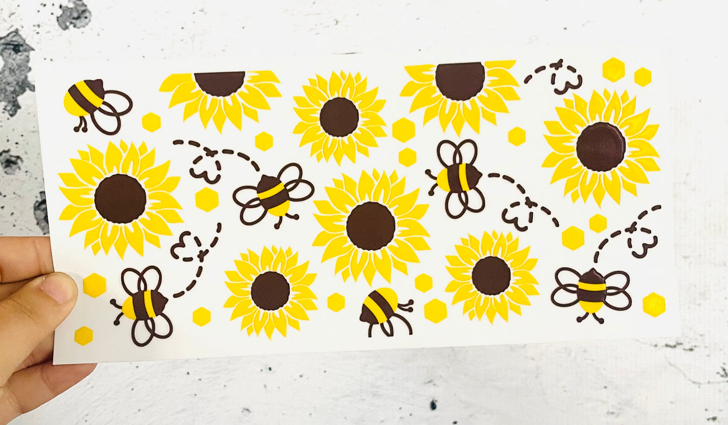 Sunflowers and Bees UV DTF transfer for 16oz glass