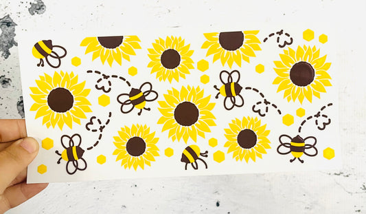 Sunflowers and Bees UV DTF transfer for 16oz glass