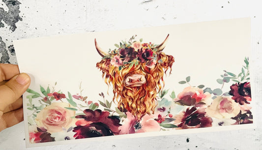 Floral Highland Cow UV DTF transfer for 16oz glass