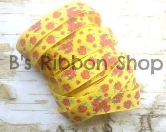 7/8" Red Roses on Daffodil USDR grosgrain ribbon floral beauty and the beast belle vintage
