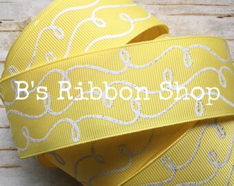 1.5" White Glitter Doodles on Lemon USDR grosgrain ribbon