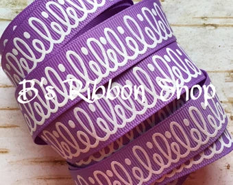 7/8" White Foil Large Party Doodles on Grape USDR grosgrain ribbon