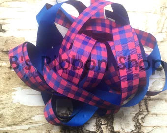 7/8" Royal and Shocking Pink Buffalo Plaid USDR grosgrain ribbon 3y plaid