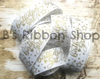 1.5" Gold Glitter Birthday Girl on White USDR grosgrain ribbon
