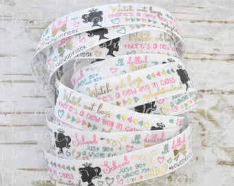 7/8" New Doll In Class Gold Foil USDR grosgrain ribbon school