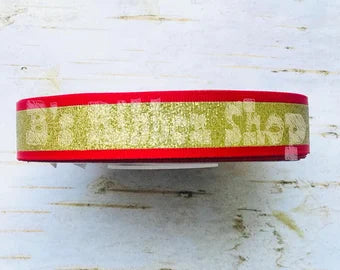 7/8" Gold Glitter Stripe on red USDR grosgrain ribbon