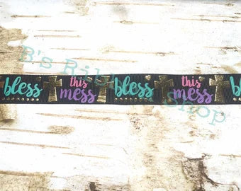 7/8" Bless this mess gold foil cross USDR grosgrain ribbon christian