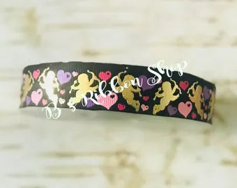 7/8" Gold Foil Cupid with hearts on Black USDR grosgrain ribbon valentine