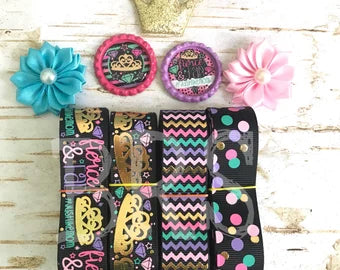 7/8" fierce and fab just like mom gold foil usdr bow kit 12 yards bottlecap flower finished 002