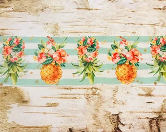 3" Watercolor Pineapples on Stripe background USDR grosgrain ribbon