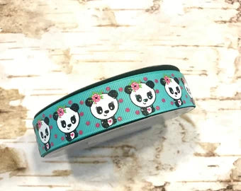 7/8" Girl panda with iridescent glitter on tropic USDR grosgrain ribbon
