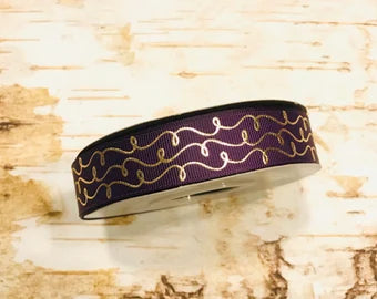 7/8" Plum with Gold Foil Doodles US Designer grosgrain ribbon