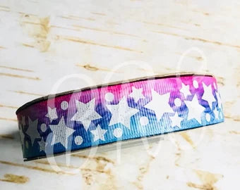 7/8" White Glitter Stars one watercolor background USDR grosgrain ribbon