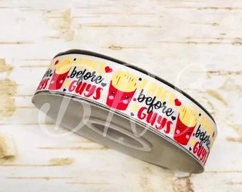 7/8" Fries before Guys on white USDR grosgrain ribbon