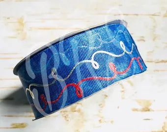 1.5" Silver Foil and Glitter Doodles on dark denim USDR grosgrain ribbon