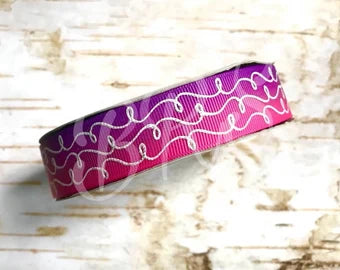 7/8" White Glitter Doodles Purple Shocking Pink Ombre USDR grosgrain ribbon