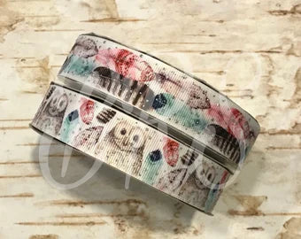 7/8" Owl and Feathers Watercolor with silver glitter dots US Designer grosgrain ribbon 25 yard roll