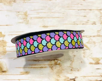 7/8" Gold Glitter Mermaid Scales on black USDR grosgrain ribbon mermaid