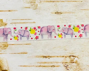 7/8" Watercolor Mama and Baby Elephants on white grosgrain ribbon