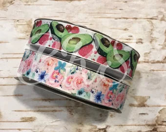 7/8" Watercolor Avocado and Bright Floral with silver glitter dots US Designer grosgrain ribbon 25 yard roll