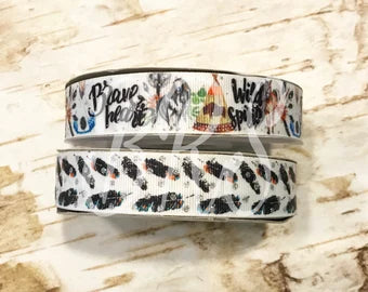 7/8" Watercolor Brave Heart Wild Spirit and Feathers with silver glitter dots US Designer grosgrain ribbon 25 yard roll
