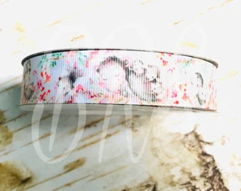 7/8" Watercolor Opossums mama and babies USDR grosgrain ribbon