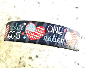 7/8" Red Foil One Nation under God on Navy 25 yard roll USDR grosgrain ribbon