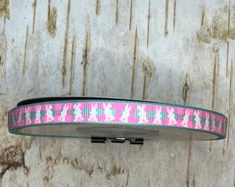 3/8" Glitter bunny on hot pink and aqua buffalo plaid USDR grosgrain ribbon rabbit Easter