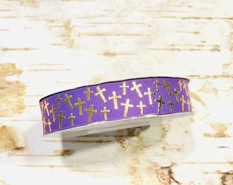 7/8" Gold Foil Crosses on Grape USDR grosgrain ribbon Christian