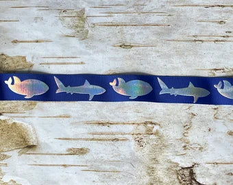 7/8” Silver Holo Foil Sharks on Cobalt USDR grosgrain ribbon ocean life sea shark week