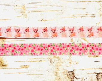 7/8” Vintage Floral Bunny on double sided 25 yard roll USDR grosgrain ribbon Easter