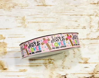 7/8" Jesus Loves me this I know on Pink with Glitter USDR grosgrain ribbon