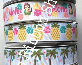 7/8" Aloha and coordinates on white USDR PDRS grosgrain ribbon