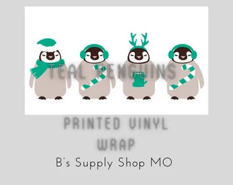 Teal Penguins | 16 oz Libbey Glass | Beer Can Glass Decal | Printed Adhesive Vinyl Full Wrap