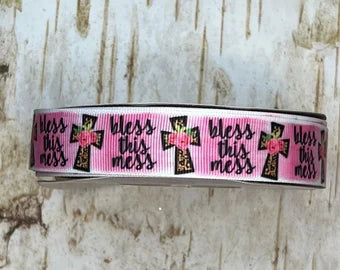 7/8" Bless this mess leopard cross USDR grosgrain ribbon christian