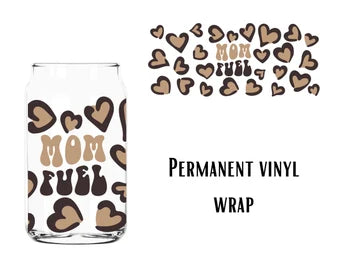 Mom Fuel Leopard Heart | 16 oz Libbey Glass | Beer Can Glass Decal | Printed Adhesive Vinyl Full Wrap