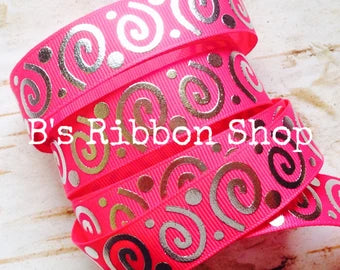 7/8" Shocking Pink Silver Foil Wonky Swirls US Designer 3 yd grosgrain ribbon