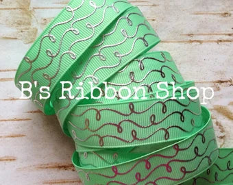 7/8" Mint with Silver Foil Doodles swirls US Designer grosgrain ribbon