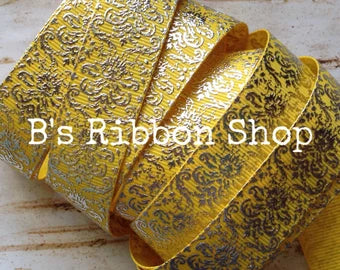 7/8" Silver Foil Damask on Daffodil USDR grosgrain ribbon