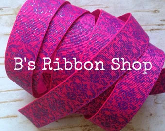 7/8" Purple Glitter Damask on Shocking Pink USDR 3 yard grosgrain ribbon