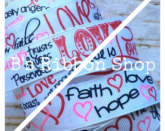 7/8" Valentine Christian Love is Patient, Faith Hope Love USDR grosgrain ribbon