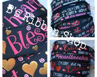 7/8" Valentine Prints USDR grosgrain ribbon Bless your Heart, Cupid, Heartbreaker